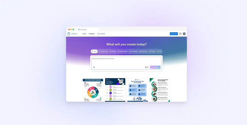 Universal generation with "What will you create today?" prompt box and infographic templates