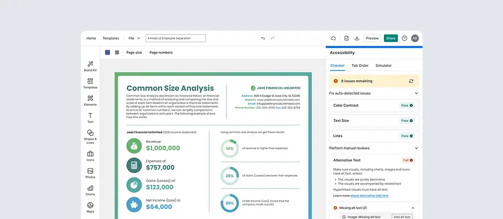 A design tool interface with an accessibility checker identifying issues like missing alt text.