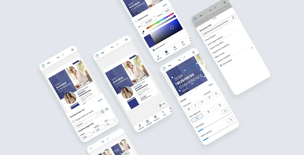 An angled view of multiple mobile screens displaying key editor features such as page setup, text formatting, template selection, and color customization.