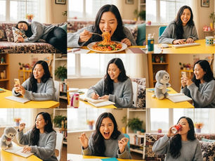 Une personne réalise plusieurs actions comme dormir manger jouer, dessiner,...