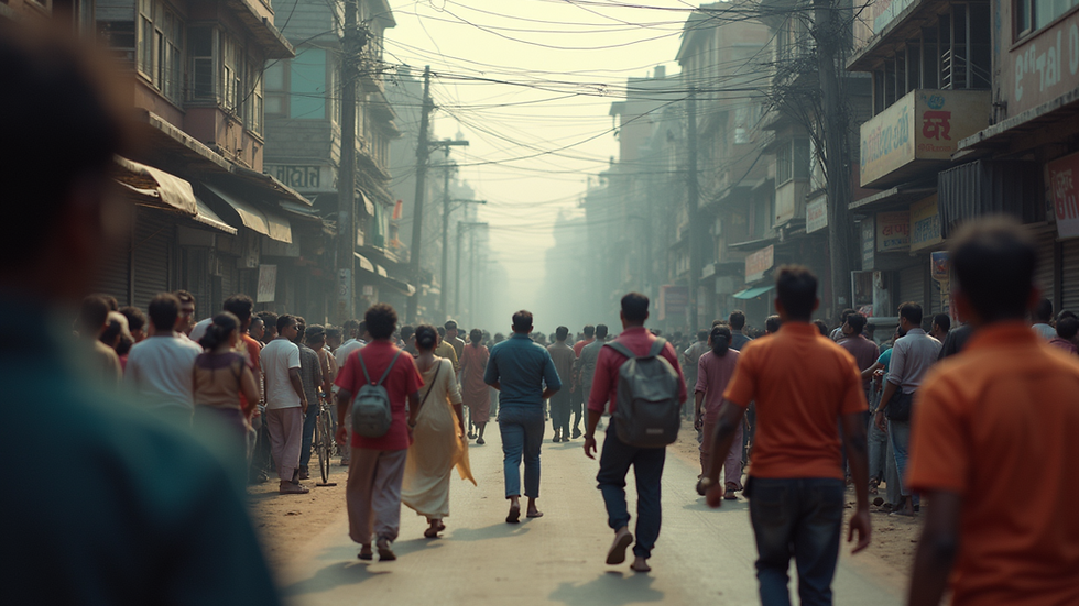 Eye-level view of a crowded street in an Indian city showing diverse people and urban infrastructure