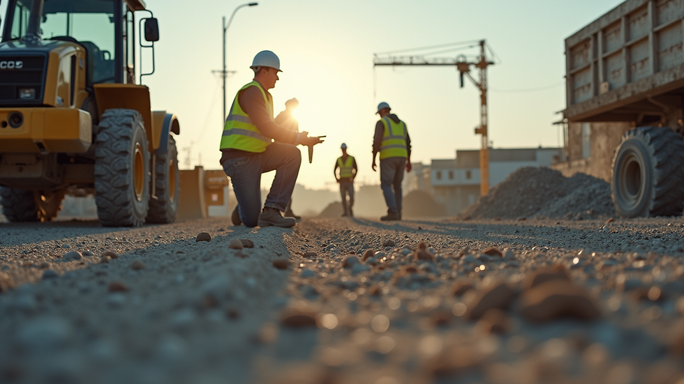 Eye-level view of a construction site with workers and machinery