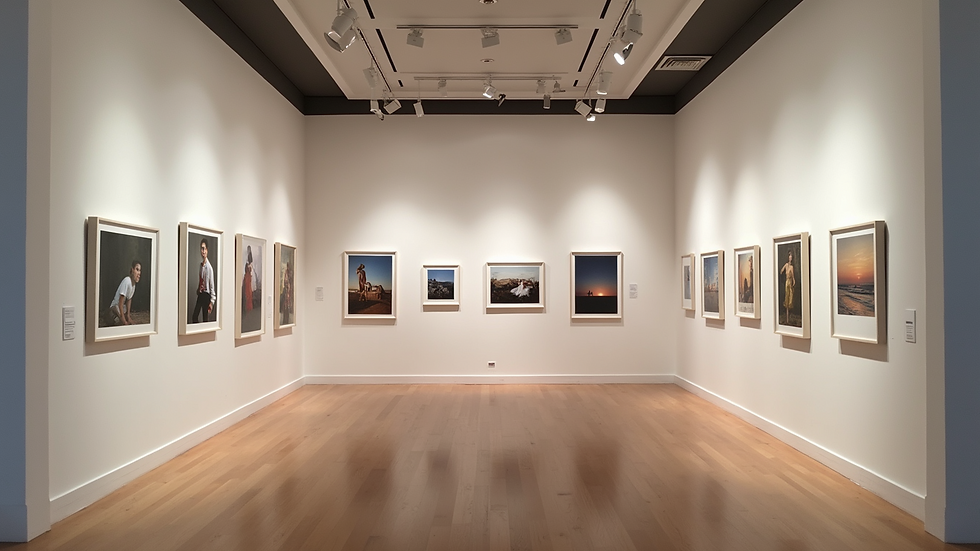 High-angle view of an art gallery showcasing diverse photography
