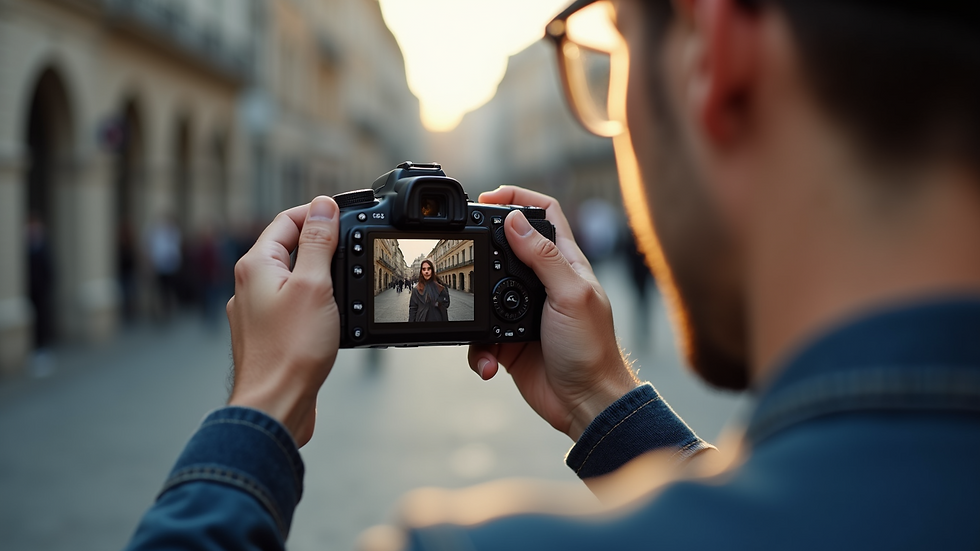 High angle view of a fashion photographer reviewing images on a camera screen outdoors