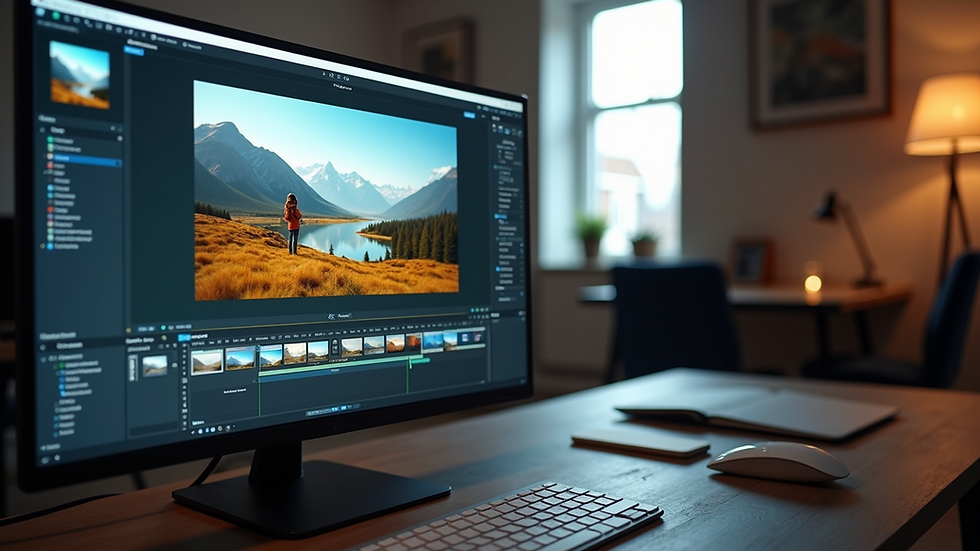Eye-level view of a computer screen showing photo editing software with a landscape image