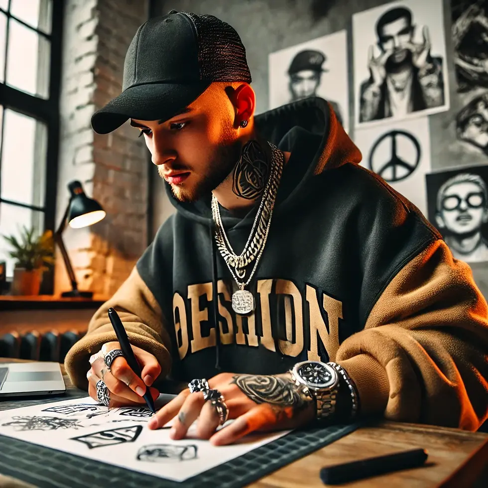 A rapper sitting at a desk, focused on sketching ideas for his brand logo. He wears stylish streetwear, including a cap, oversized hoodie, and chains.