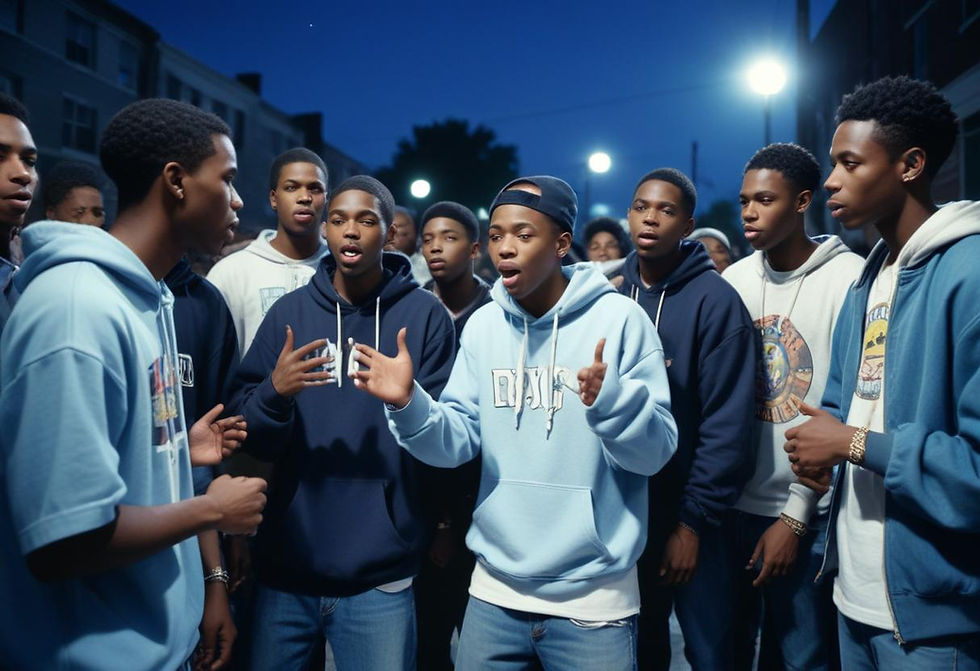 A group of young Black African American men in their 20s, some wearing hoodies and some wearing t-shirts and jeans, gathered around one of their friends who is rapping and freestyle performing for them on a street corner.