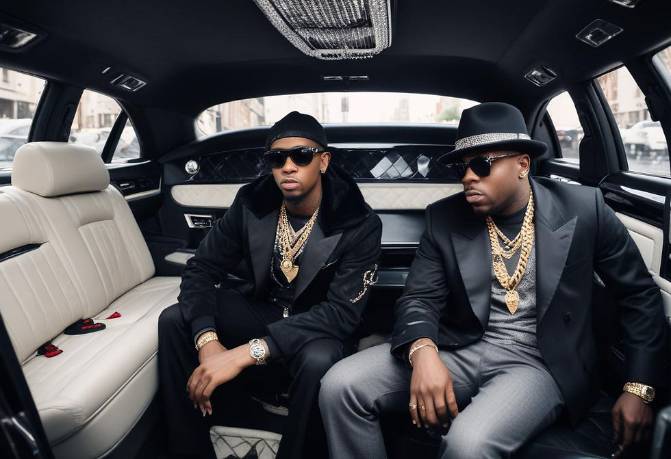Rich and famous rappers in a limousine with expensive coat, hat, sunglasses, and gold chains.