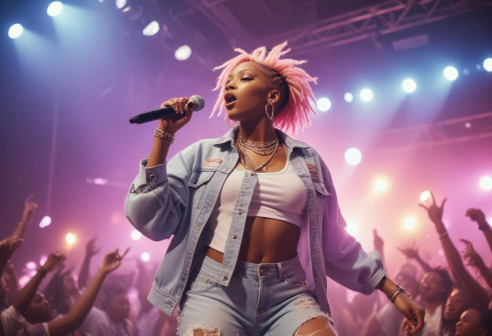 A young African American female rapper with a shave hair with pink dread locs and a denim jacket and shorts outfit with a white T- Shirt commanding a large crowd.