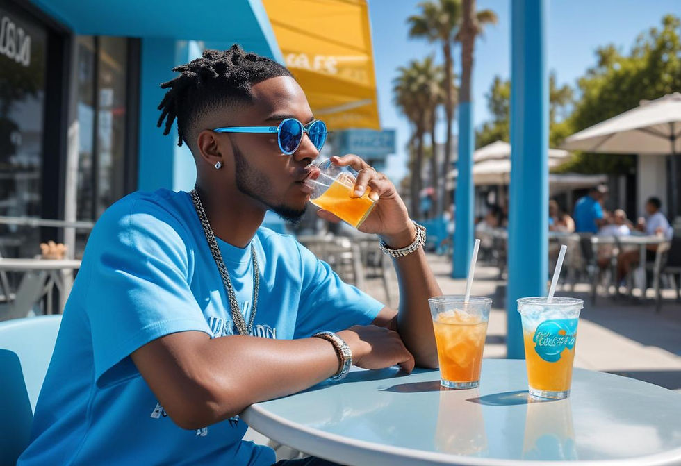Talented African American male rapper in designer streetwear casually sipping an iced tea at a trendy cafe in the heart of Beverly Hills on a warm day.