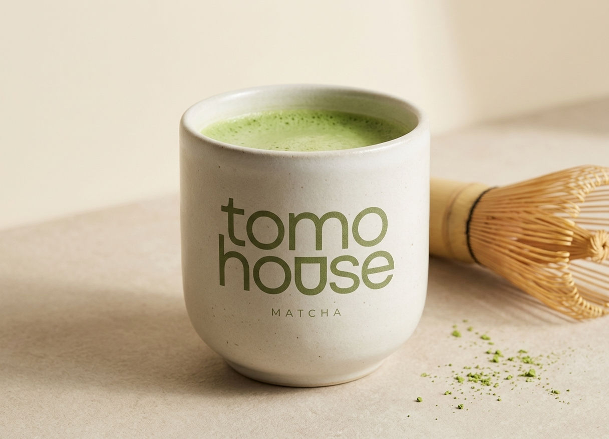 A cup with matcha - Tomo house is written on the cup