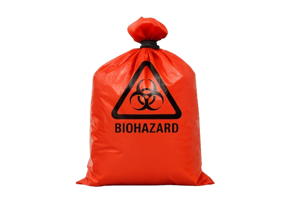 Compostable red biohazard waste bag with printed hazard symbol