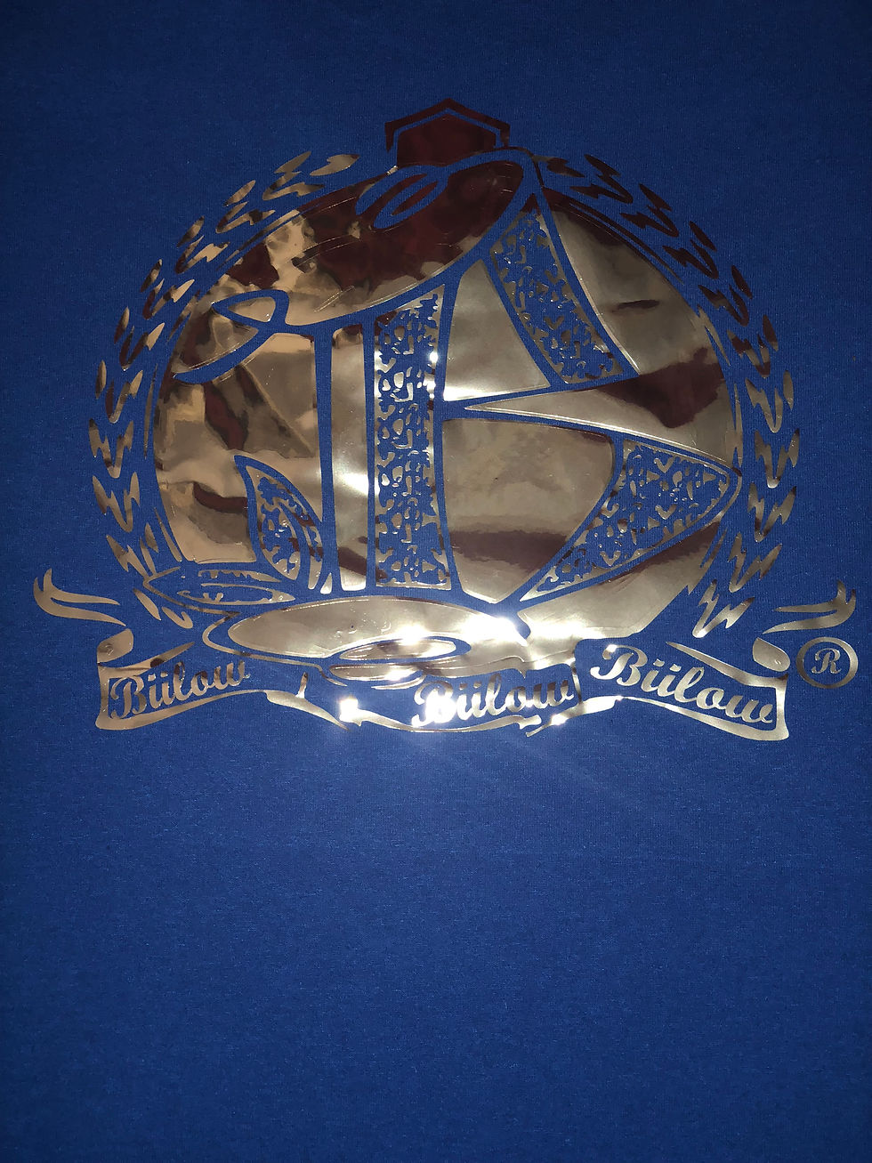 Men's Large Blue Polo Shirt with Metallic Silver Print