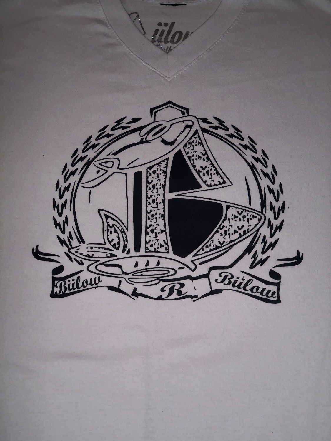 White XXL V-Neck with Black Print