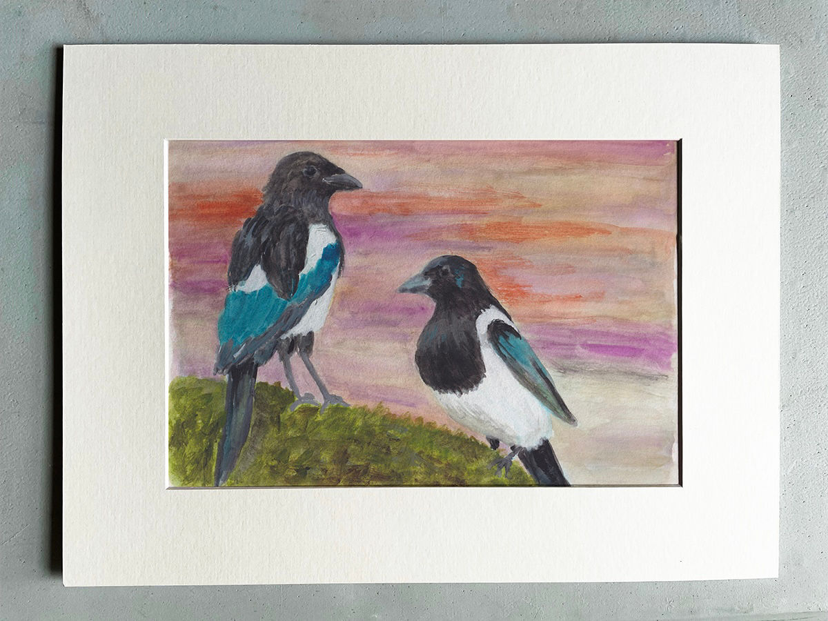 Magpies at a Sunset Meeting – Original Watercolour Painting