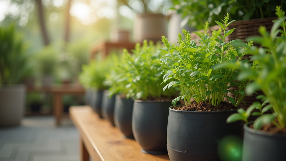 Close-up view of potted plants arranged for an eco-friendly event