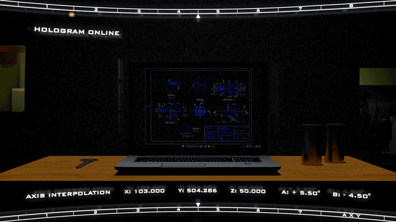 A peça 3D tool holder saindo da tela de um notebook em um ambiente industrial.