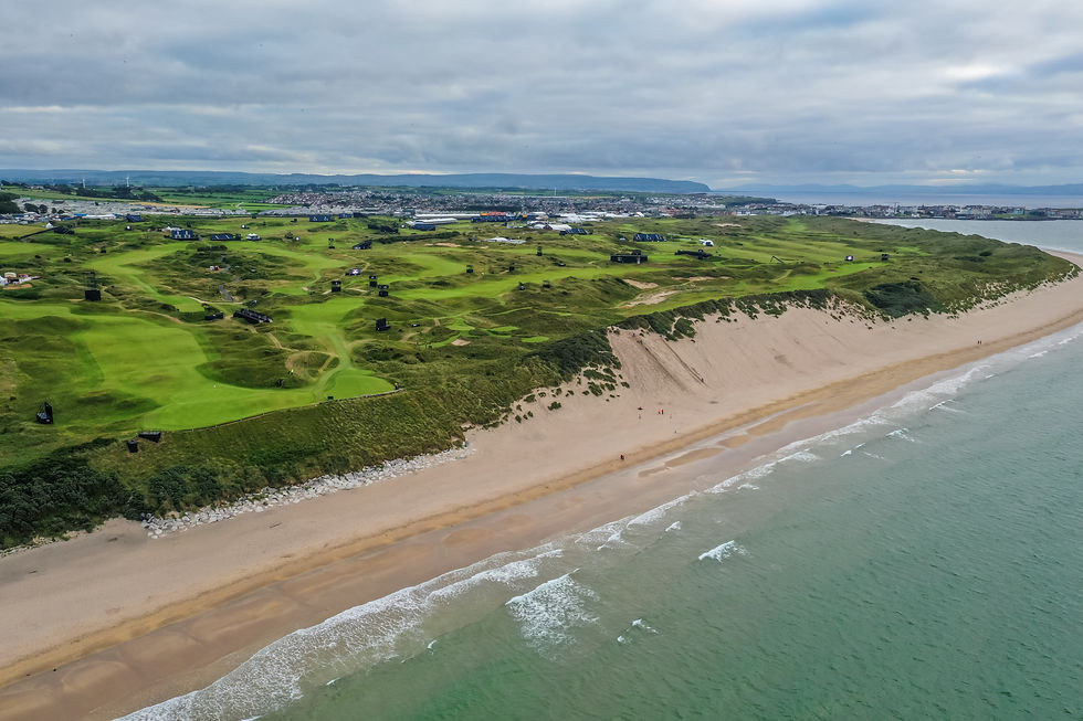 Aerial view of Royal Down in Portrush alongside the famous sand dunes