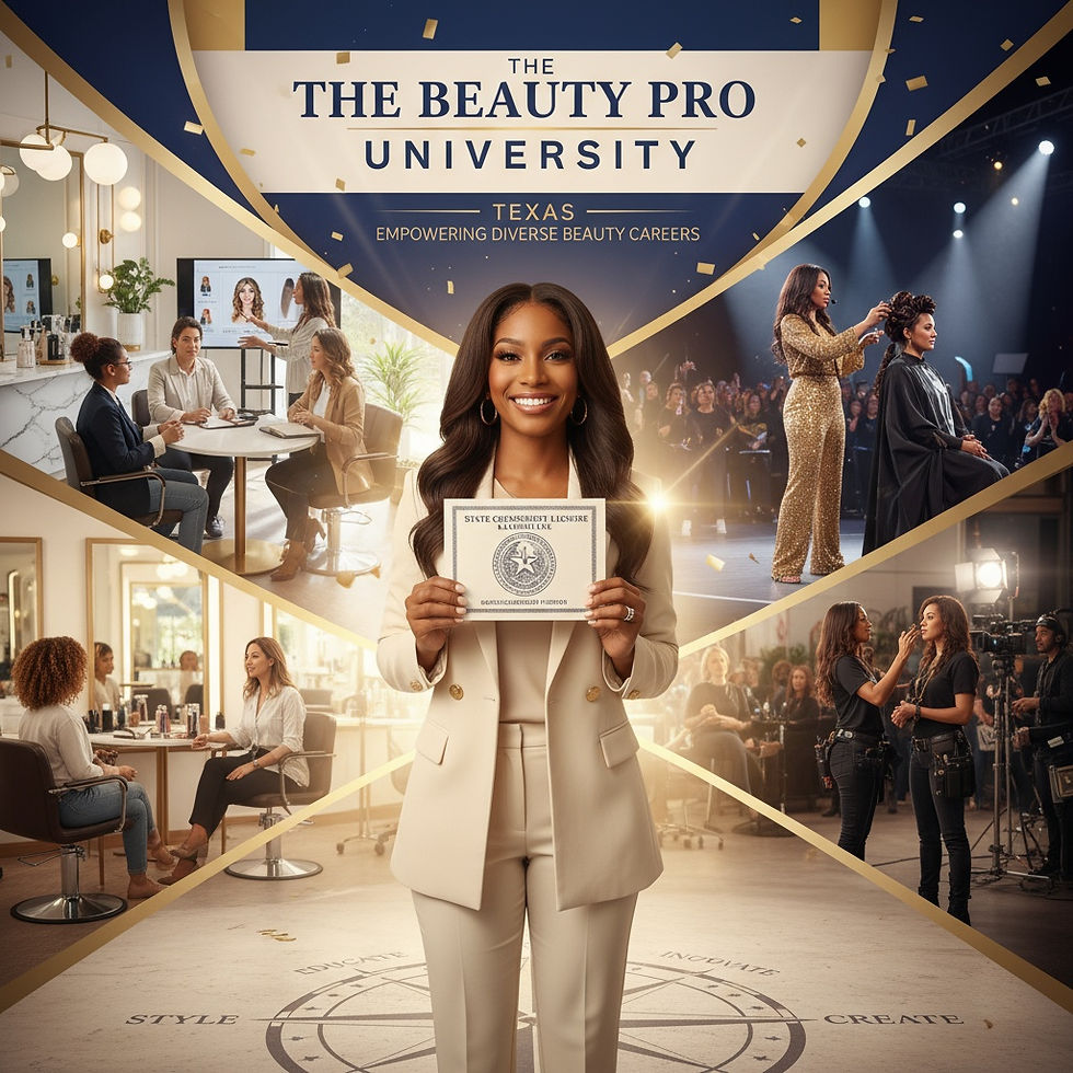A confident graduate from The Beauty Pro University (TBPU) in Texas stands holding a cosmetology license, surrounded by scenes representing diverse beauty careers: styling a client in a salon, teaching a class, demonstrating techniques on stage at a beauty event, and working with a film crew on set. A TBPU banner with navy blue, gold, and neutral colors is in the background, symbolizing the variety of career paths available with a Texas cosmetology license.