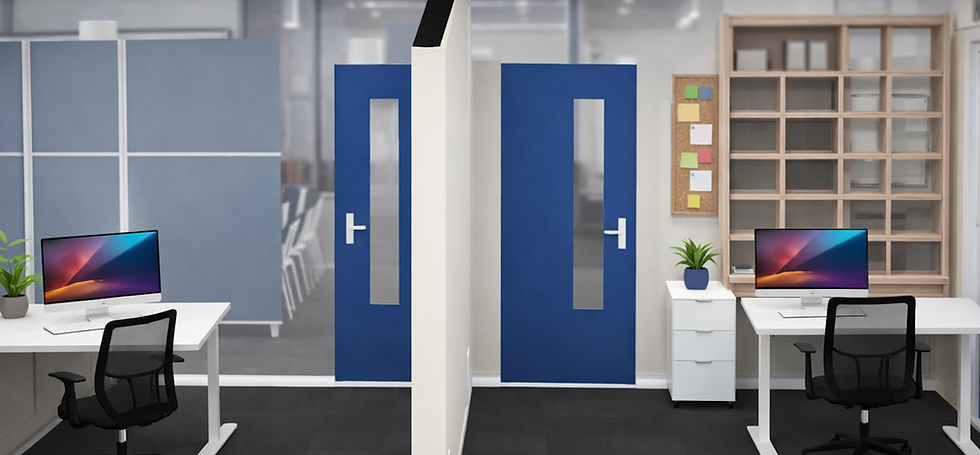 Modern office workstations with computer setups