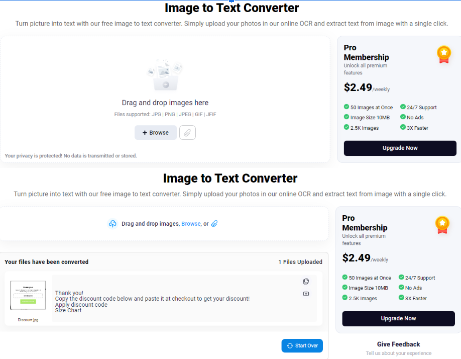 demonstration of the process using Imagetotext.io