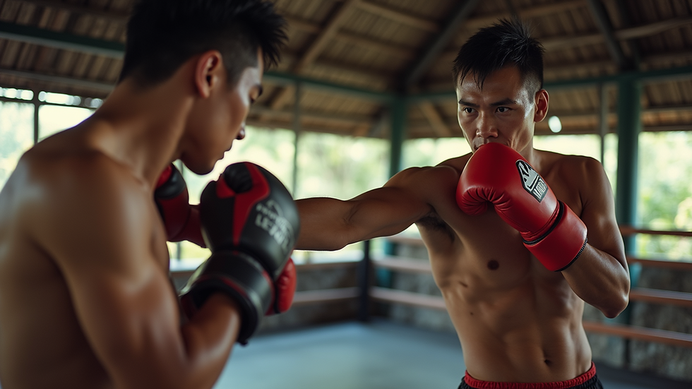 Close-up view of a traditional Muay Boran training session with a single fighter practicing elbow strikes