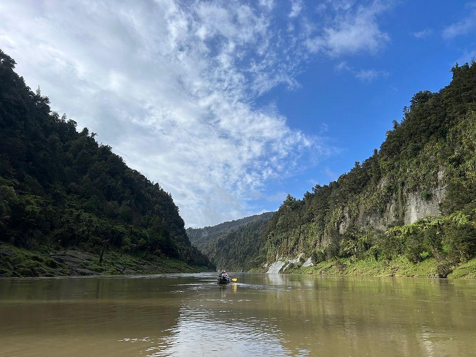 A river cuts between two tree-lined cliffs, and a canoe paddles away in the distance.