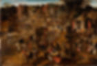 Various painted figures are strewn about the frame in varying positions and tasks, highlighting red and brown hues