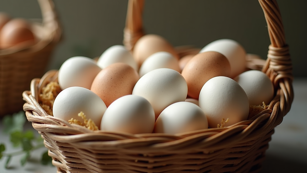Eye-level view of fresh goose eggs in a rustic basket