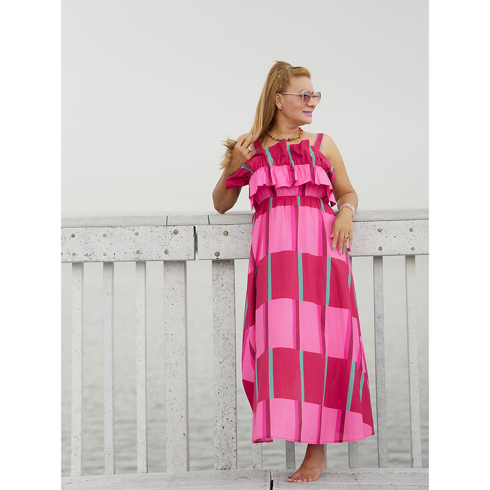 Fuchsia cotton maxi dress with an elegant draped design