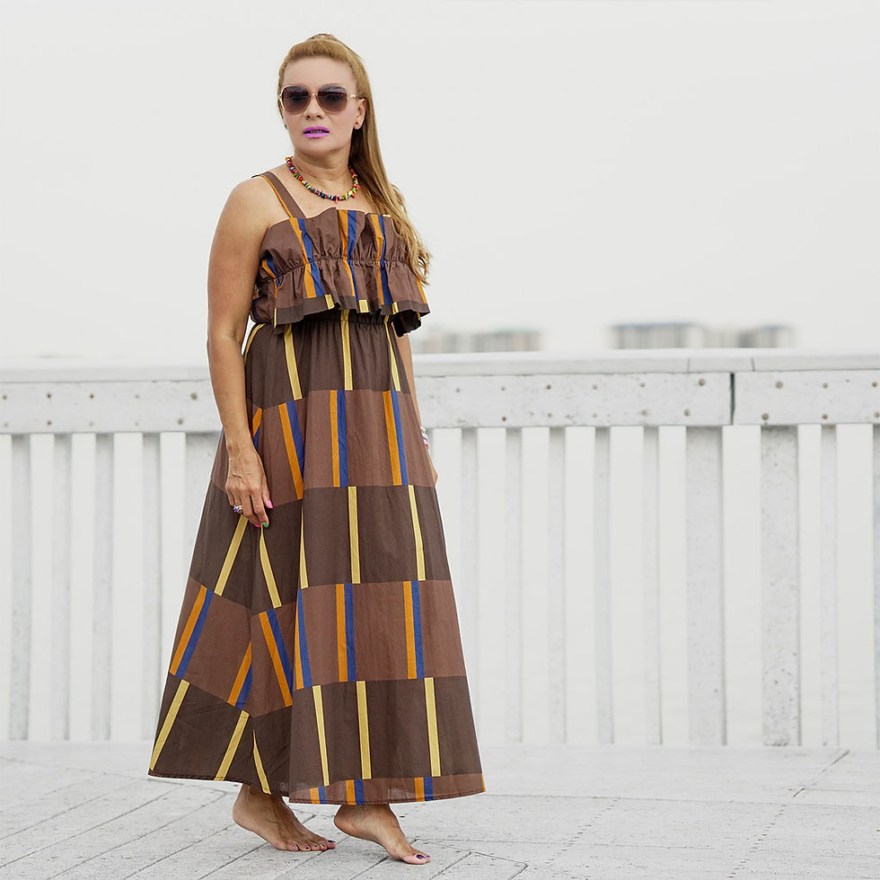 Chocolate brown cotton maxi dress with an elegant draped design