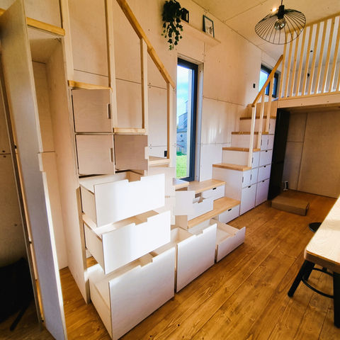 Plywood storage stairs tiny house