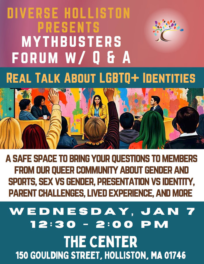 LGBTQ+ Mythbusters: Real Talk About LGBTQ+ Identities January 7, 12:30-2:00pm at "The Center" 150 Goulding St., Holliston