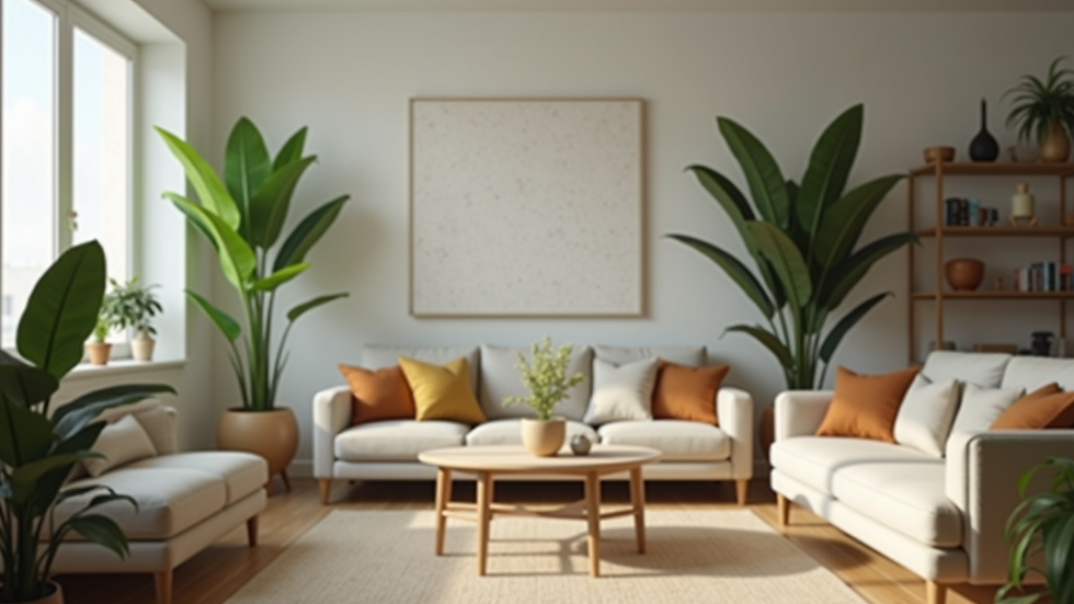 Close-up view of a beautifully arranged living room with plants and decorative items