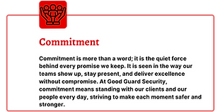 A Good Guard Security graphic featuring an icon of hands cradling a group of people above a paragraph defining "Commitment" a