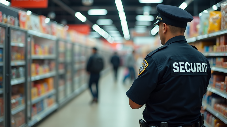 Close-up view of a retail store security guard on duty