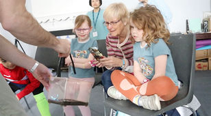 This family gets front row seats to watch the scorpion glow under UV light at the Wimbledon Museum. 