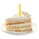 A slice of birthday cake with a candle.