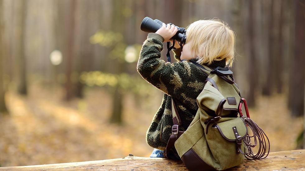 Blond child in camo sweater looks through binoculars in a sunlit forest, sitting on a log with a backpack, focused and curious