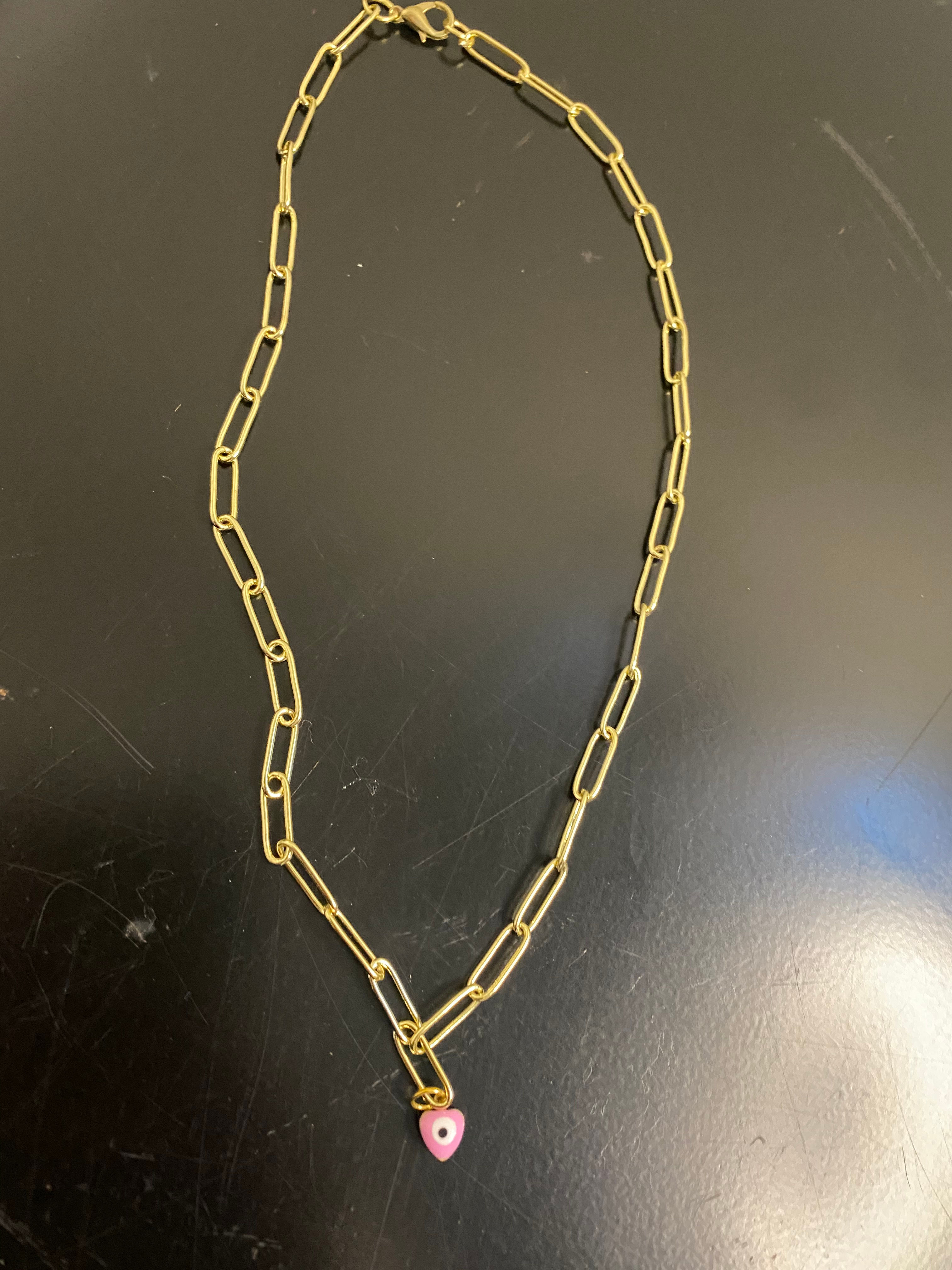 pink and gold evil eye necklace