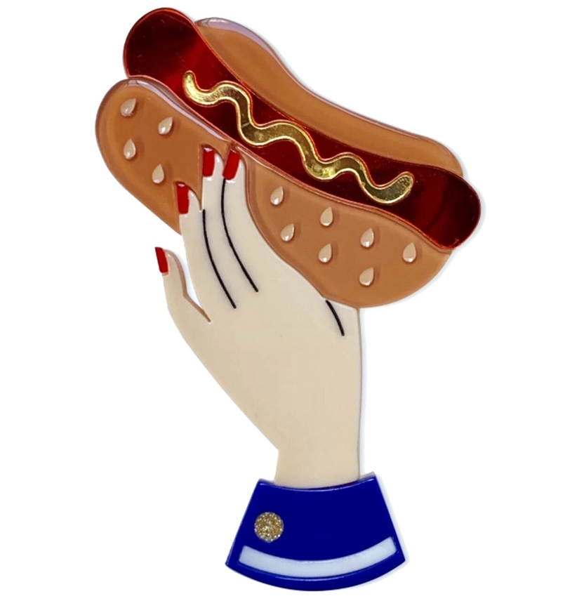 Bessie's Special Hot Dog Brooch | Quirky Food Jewelry | Lipstick & Chrome