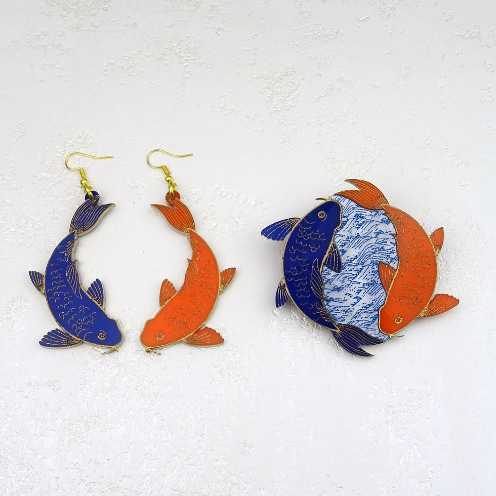 Thumbnail: Koi Fish Orange & Navy Blue Brooch and/or Earrings by MissJ Designs