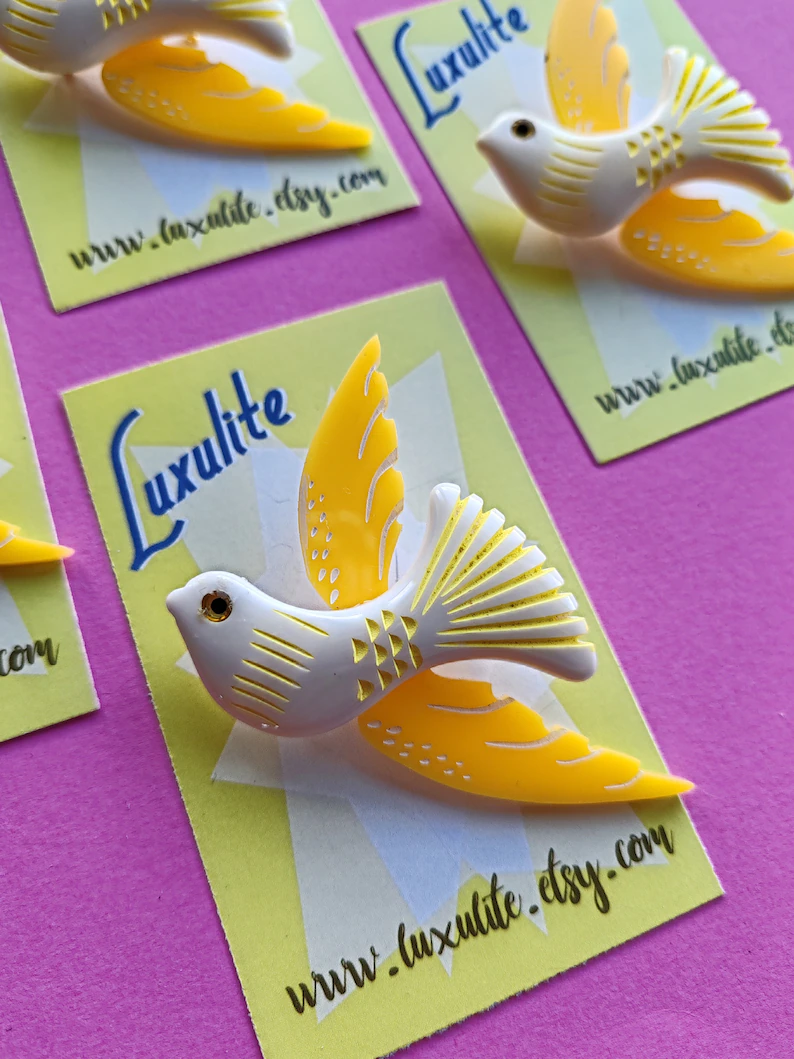 White or Yellow Bird Vintage Inspired Brooch by Luxulite