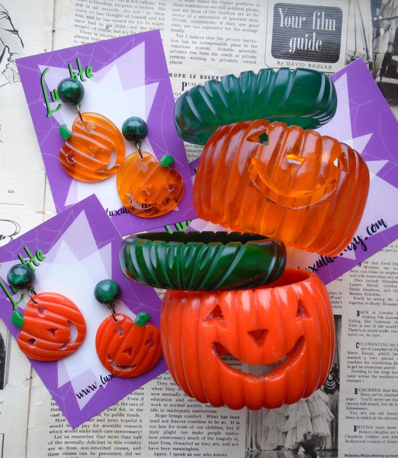 Thumbnail: Happy Pumpkin Bangle Set! Vintage-inspired  2 Part Jack O Lantern Bracelet Set