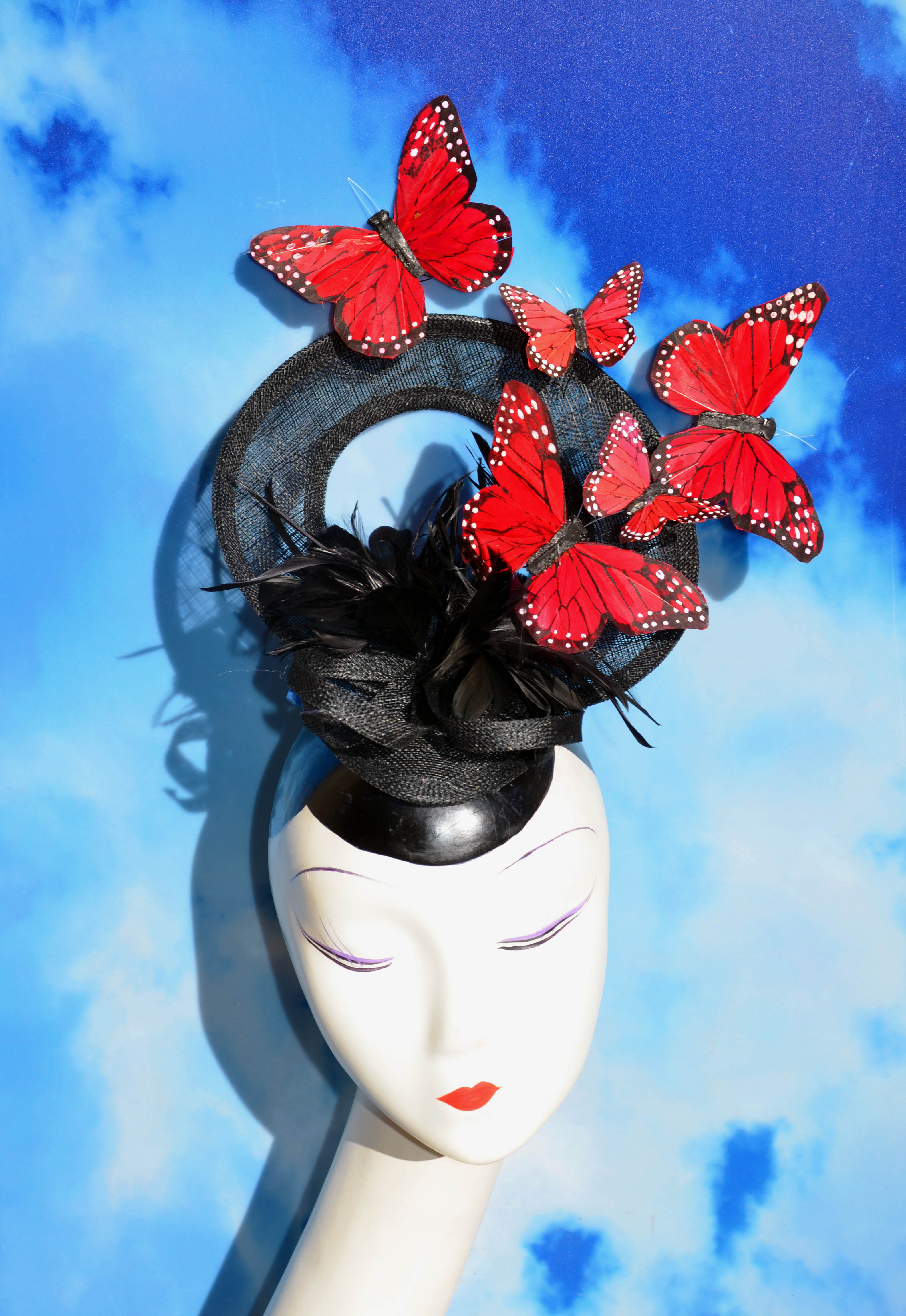 Black and Red Butterfly and Feathers Racing Hat