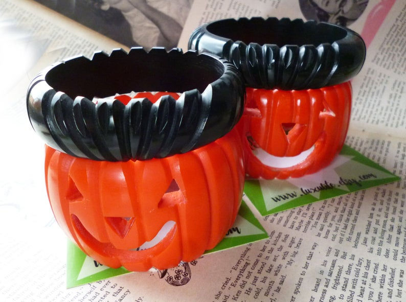 Thumbnail: Happy Pumpkin Bangle Set! Vintage-inspired  2 Part Jack O Lantern Bracelet Set