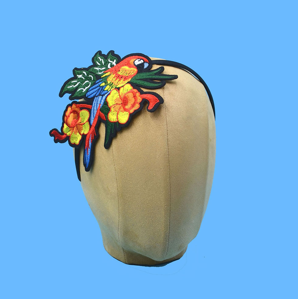 Thumbnail: Red Parrot Headband w/ Flowers & Leaves | Tiki Tropical Pinup | Parrothead
