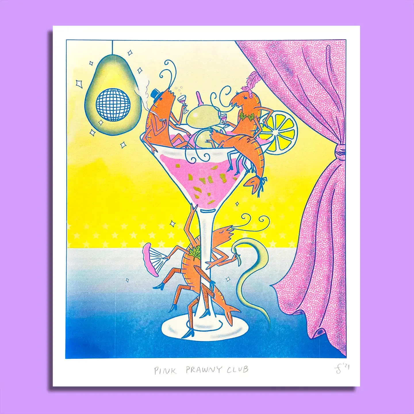 Pink Prawny Club - Risograph Print - Shrimp Stripper Club Art