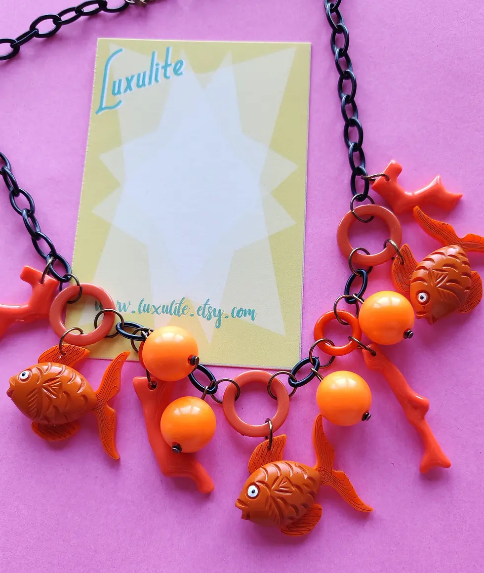 Thumbnail: Orange Fishies Goldfish Brooch or Necklace by Luxulite - Vintage Pinup Style