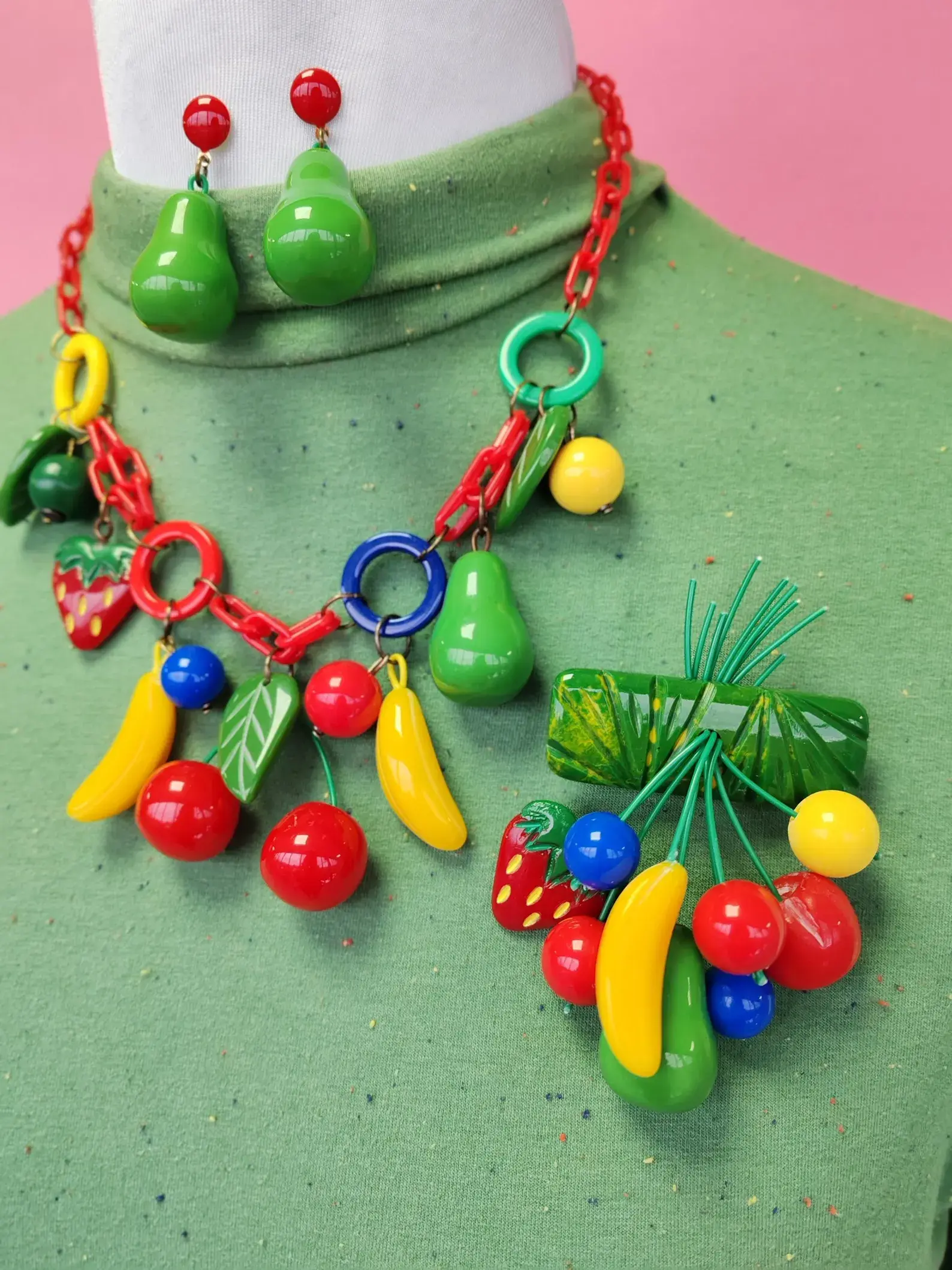 Fruit Salad Necklace or Brooch - Primary Colors Faux Bakelite Bananas - Luxulite
